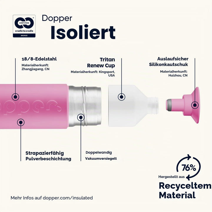 Dopper Insulated 580ml Thermosflasche Pelican Pink - Doppelwandig, auslaufsicher, hält 24h kalt/9h h