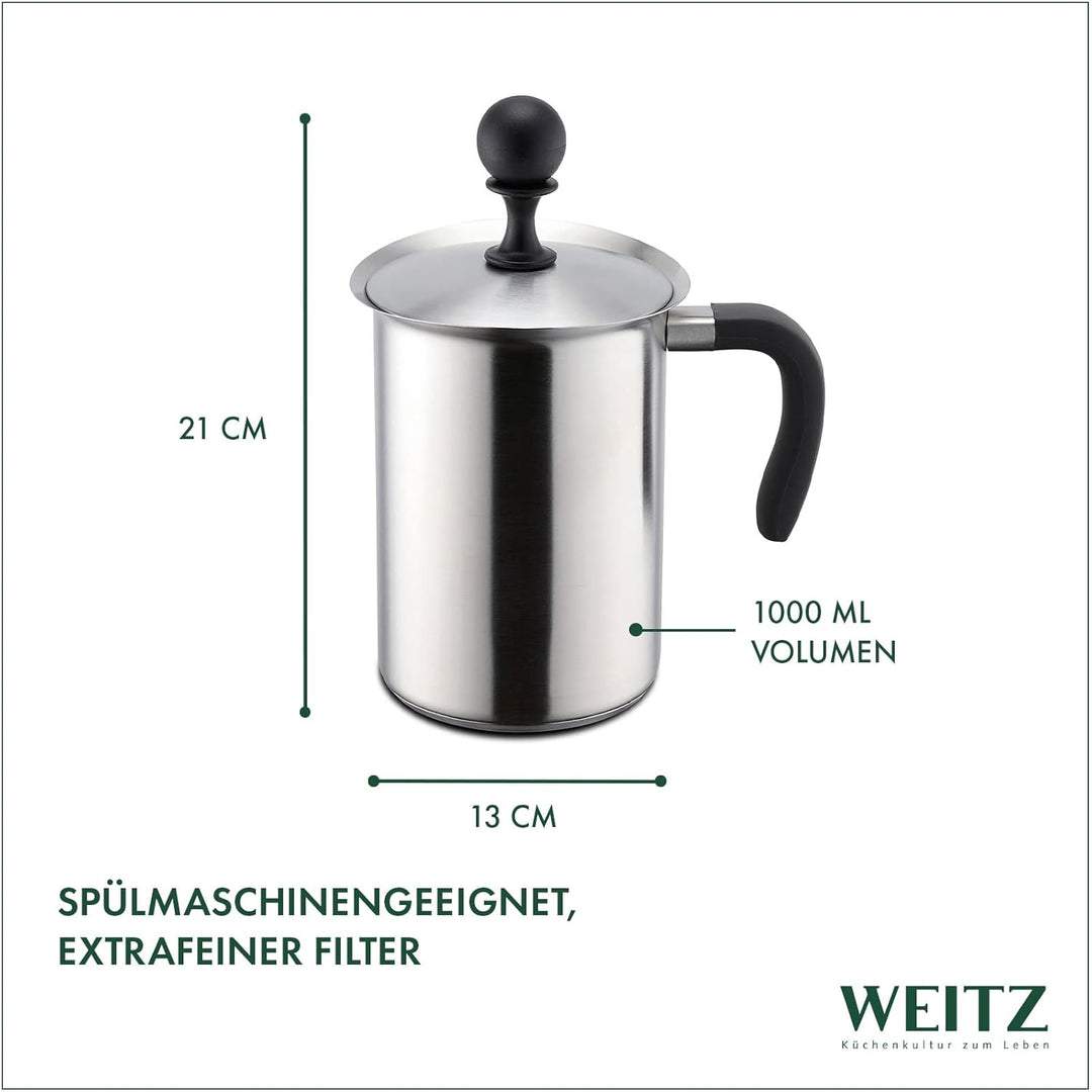 WEITZ Milchaufschäumer manuell, 1000ml Aufschäumbecher mit Kapselboden, induktionsgeeignet, 1,0ltr.