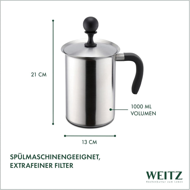 WEITZ Milchaufschäumer manuell, 1000ml Aufschäumbecher mit Kapselboden, induktionsgeeignet, 1,0ltr.