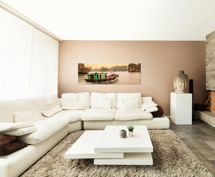 Boot Halong Bay Vietnam 150x50cm Breitbild als Panorama auf Leinwand und Keilrahmen fertig zum aufhä