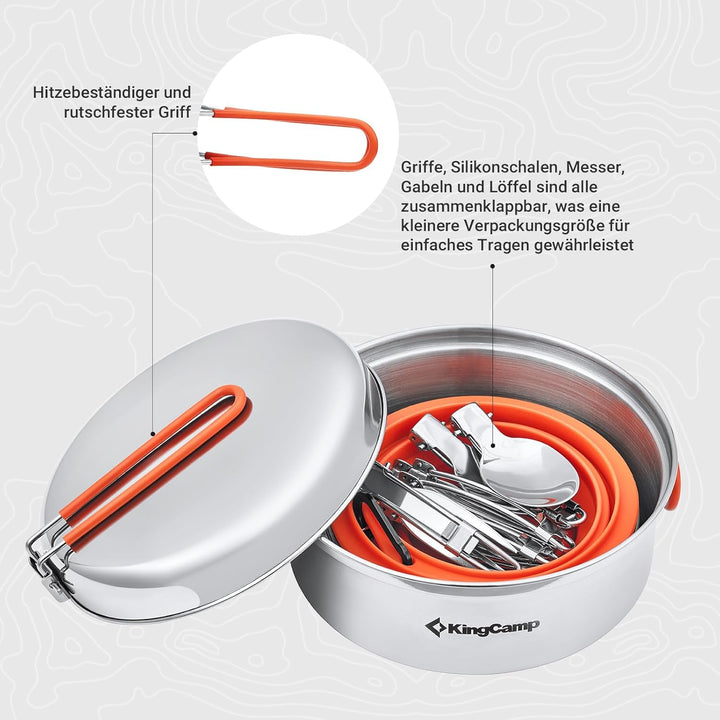 KingCamp Camping Geschirr Set 2-4 Personen I Camping Kochgeschirr aus Edelstahl I Camping Töpfe mit