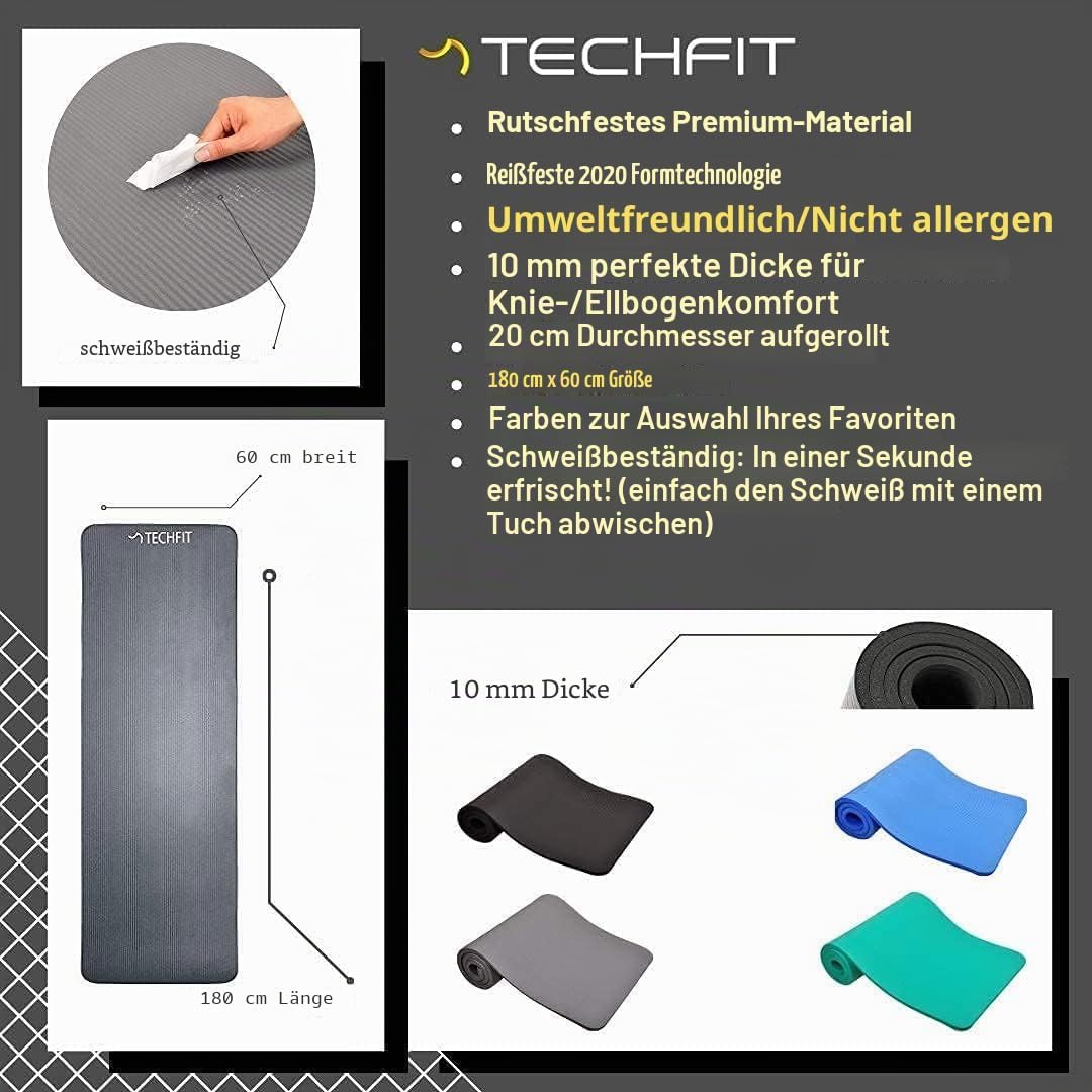 TechFit Yogamatte Rutschfest für das Fitnessstudio zu Hause - Pilates Matte für das Heimtraining, Yo