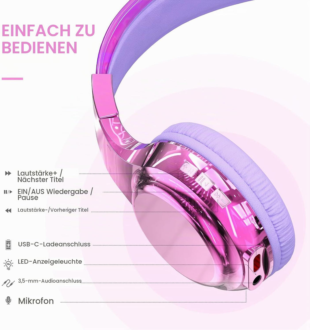 JYPS Bluetooth Kopfhörer Kinder, Kabellose Kopfhörer Bluetooth Kinder Over Ear, Kopfhörer Kinder Blu