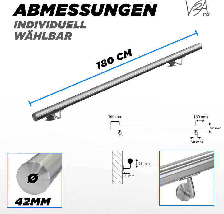V2Aox Treppengeländer Edelstahl, Handlauf für Treppe, Balkongeländer Aufsatzmontage, Geländer 105 cm