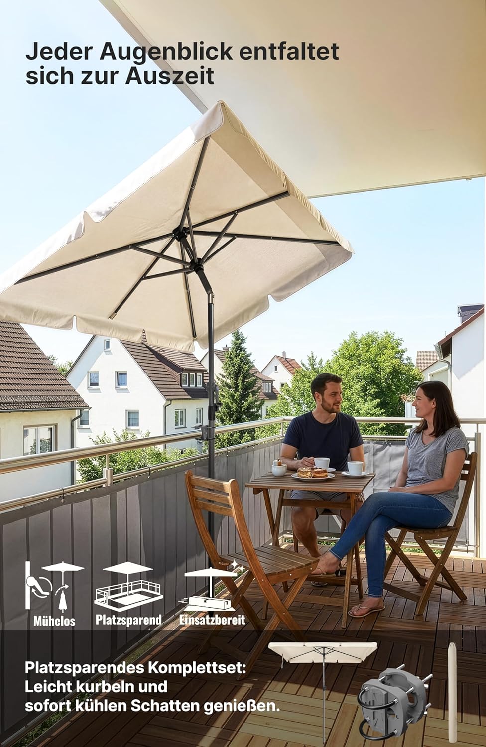 4smile Sonnenschirm Balkon mit Halterung im 3-er-Set, Sonnenschirm rechteckig 210x140 cm, Balkonschi