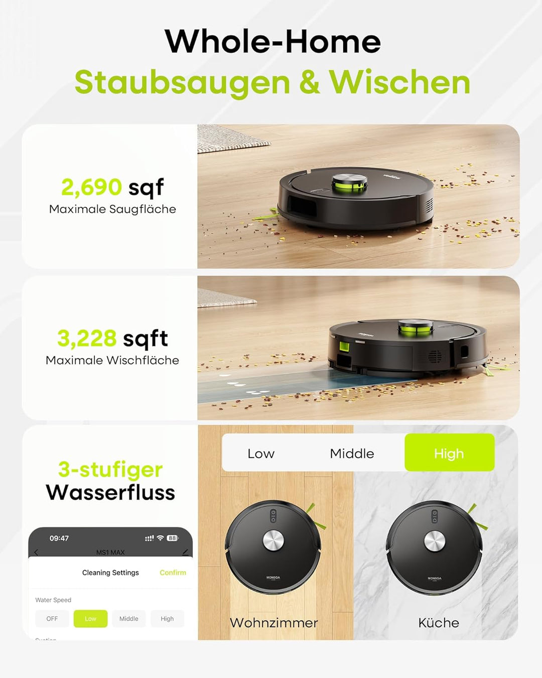 MONSGA Saugroboter mit Wischfunktion 8000PA, Staubsauger Roboter mit Absaugstation 4L, LiDAR Navigat