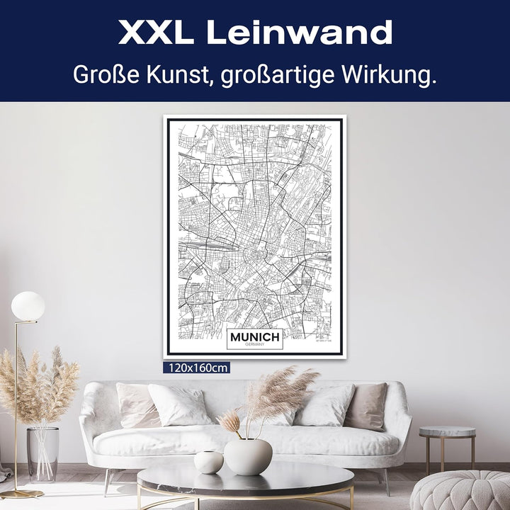 wandmotiv24 Stadt Karte als Leinwandbild, 100x75cm, Hochformat, München, Deutschland, Munich, Plan,