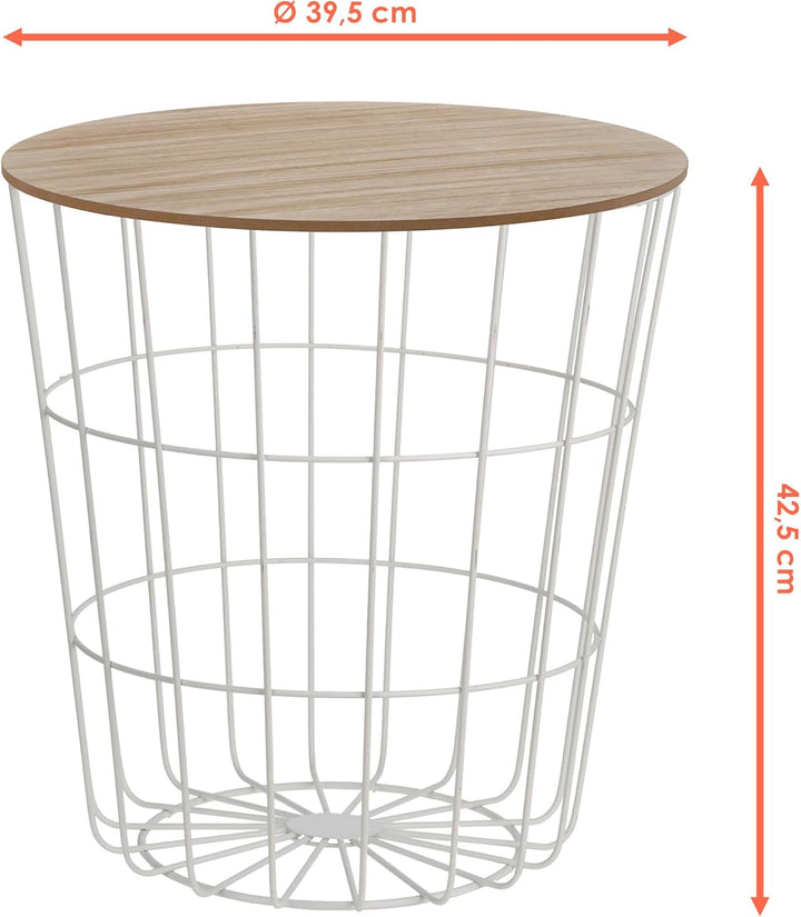 Design Beistelltisch - Metall Korb mit Holz Deckel - dekorativer Sofatisch inkl. Korbablage Weiss