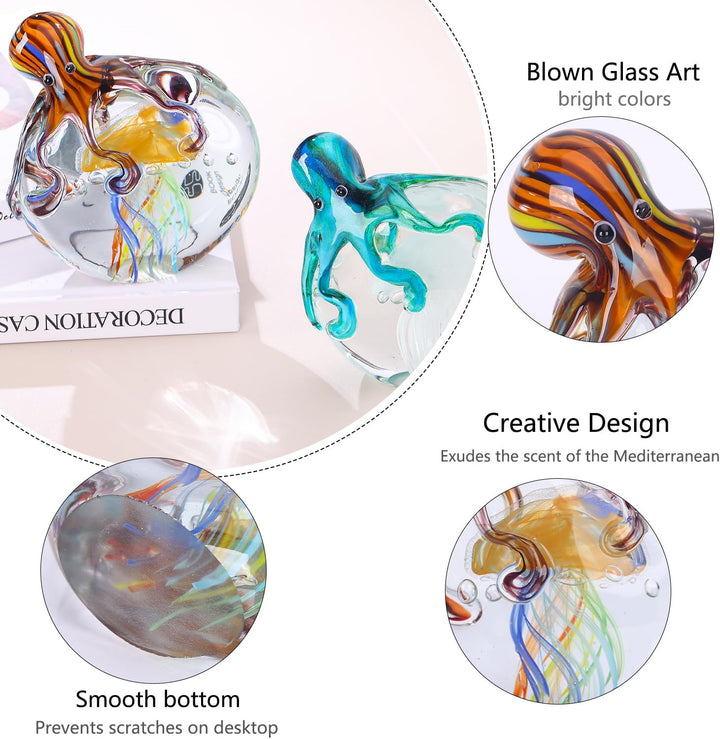 LCCCK Glas-Oktopus-Quallen-Statue – mundgeblasenes Glasdekor – Ozean-Figuren – Büro-Schreibtisch-Bri