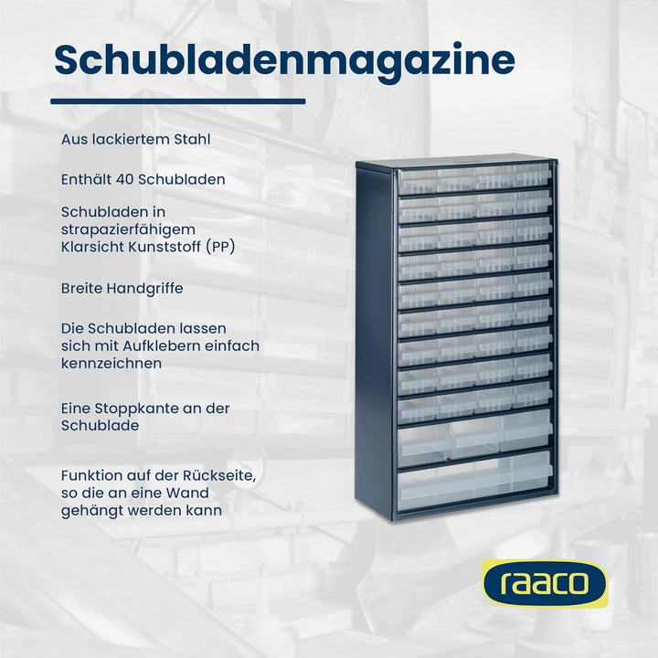 raaco Kleinteilemagazin C12-40 mit 40 Schubladen, Tragkraft 36.3 kg, 15 x 30.6 x 55.2 cm, geeignet f