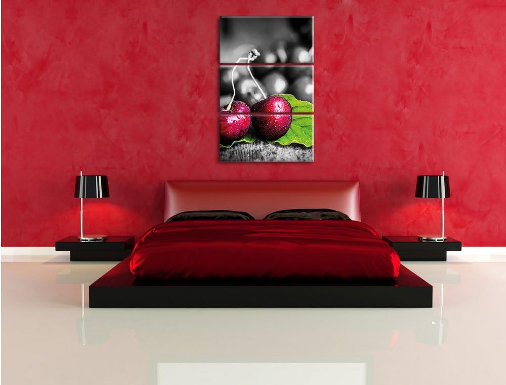 Pixxprint Tautropfen auf leckeren Kirschen schwarz/weiss 3-Teiler Leinwandbild 120x80 Bild auf Leinw