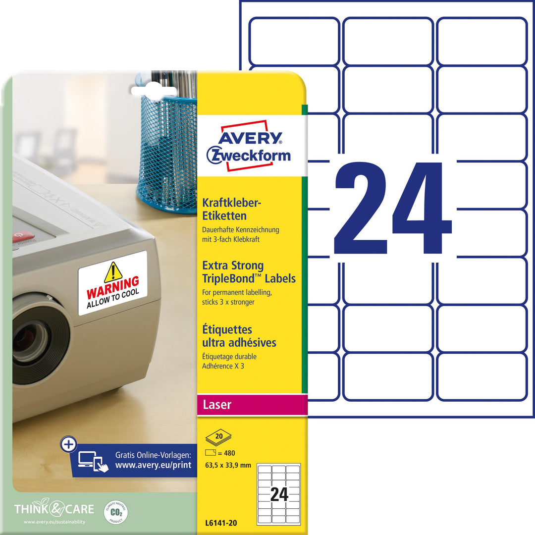 AVERY Zweckform L6141-20 Kraftkleber Etiketten (480 Aufkleber, 63,5x33,9mm auf A4, extrem stark selb