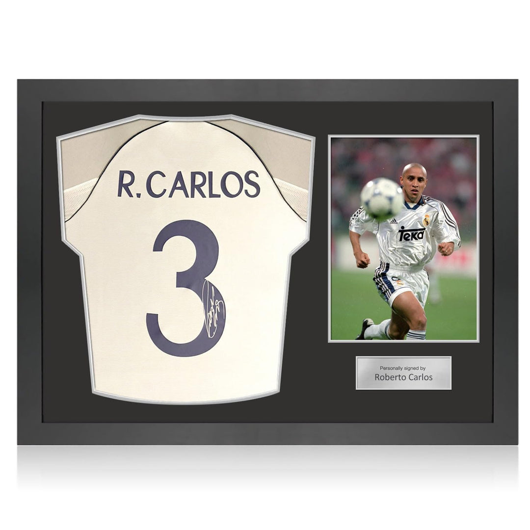 Real Madrid 1999-00 Trikot mit der Nummer signiert von Roberto Carlos. Icon-Rahmen