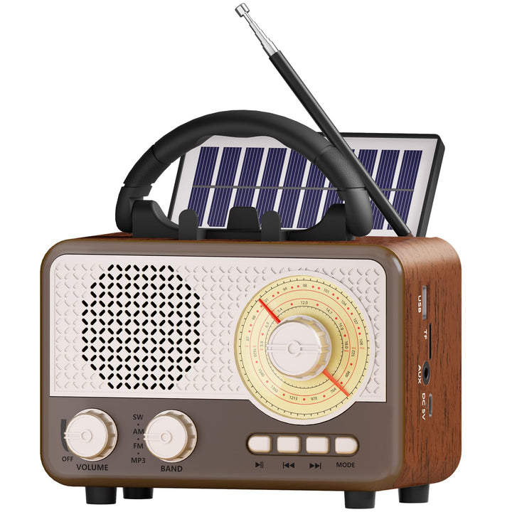Radio Tragbar AM/FM/SW Outdoor Solar Retro Radio mit Bluetooth Lautsprecher Klein mit Stromkabel,Küc