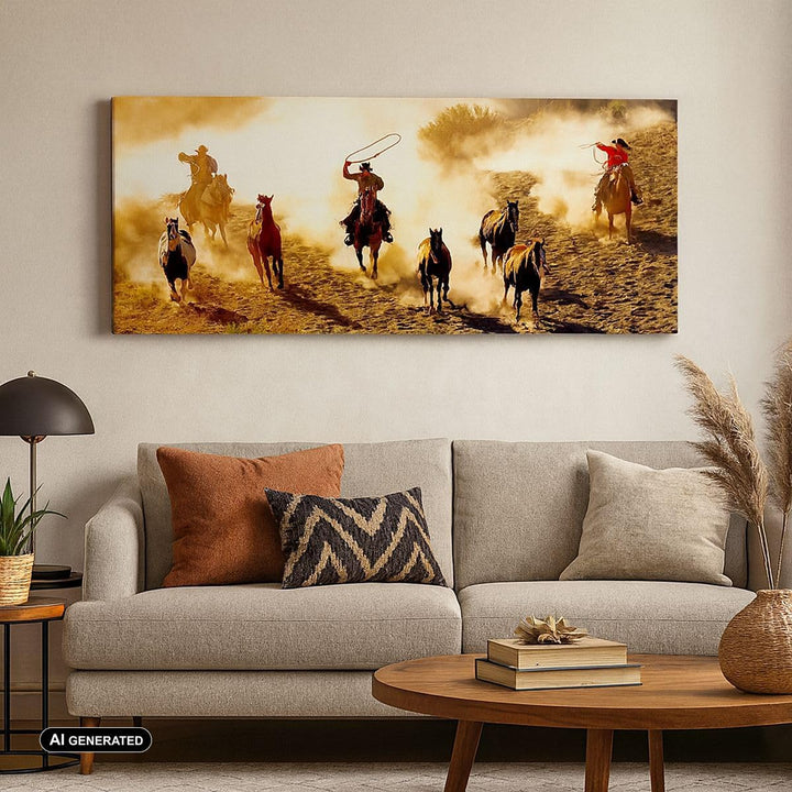 Wandbilder Dekoration Wohnzimmer Cowboys Pferde Galopp Panorama Bilder auf Leinwand 120x50cm Leinwan