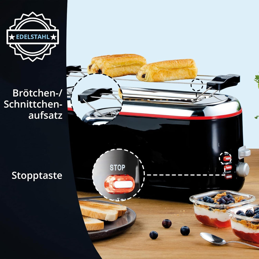 KHG TO-1301LSS Toaster Langschlitz, schwarz, 4 Scheiben, Kunststoff, mit Brötchenaufsatz, 7 Röstgrad