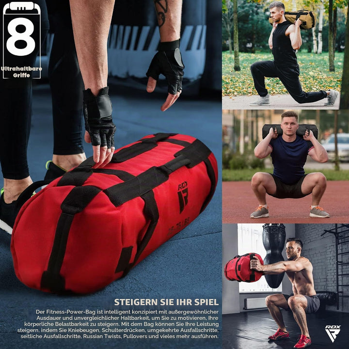 RDX Gewichtete Sporttasche für Krafttraining, Gewichtssack mit 8 Griffe, Gewicht Sandbag ungefüllten