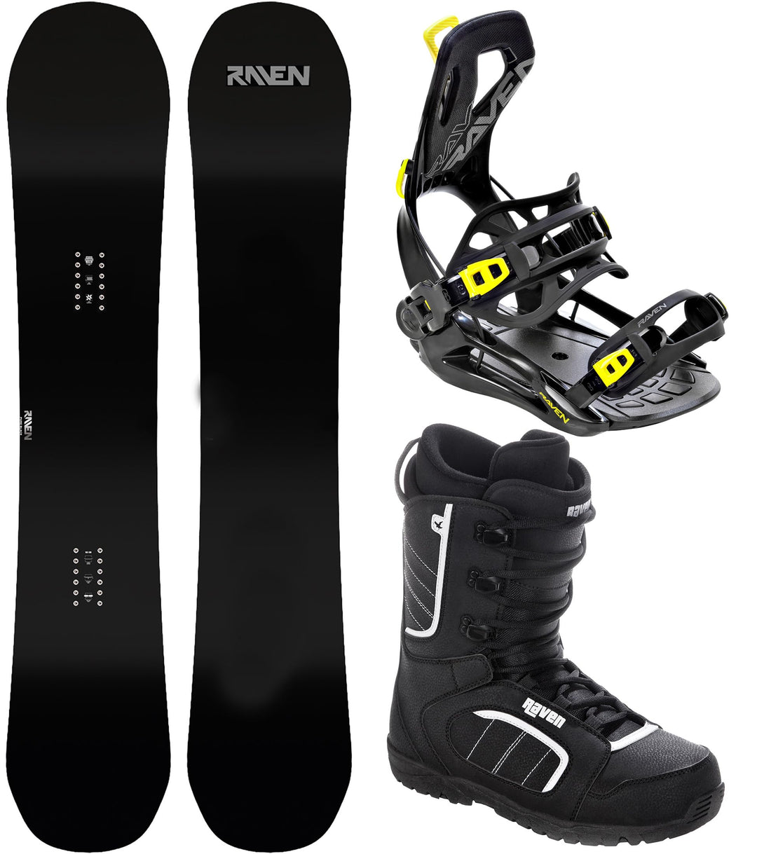 RAVEN Snowboard Set: Raven Pure Black + Bindung Raven Fastec FT360 Black oder Lemon + Boots Target S
