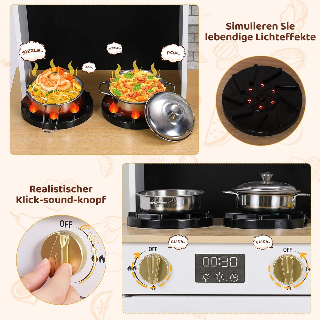 MAMIZO Kinderküche Holz, Spielküche mit Licht und Sound, Puppenküche Holz für Kinder, 90x30x90 cm ki