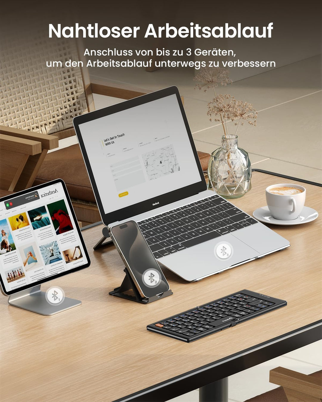 ProtoArc Faltbare Kompakte Tastatur QWERTZ, XK04 Tragbare Bluetooth-Tastatur mit PU-Lederhülle, Kabe