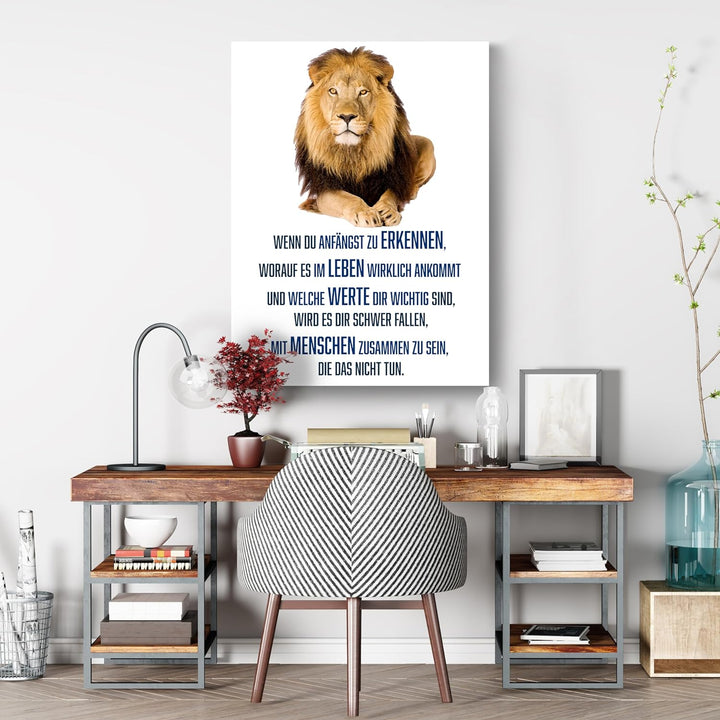 wandmotiv24 Motivations Motiv als Leinwandbild, 100x75cm, Hochformat, Leben, Werte, Menschen, Löwe,