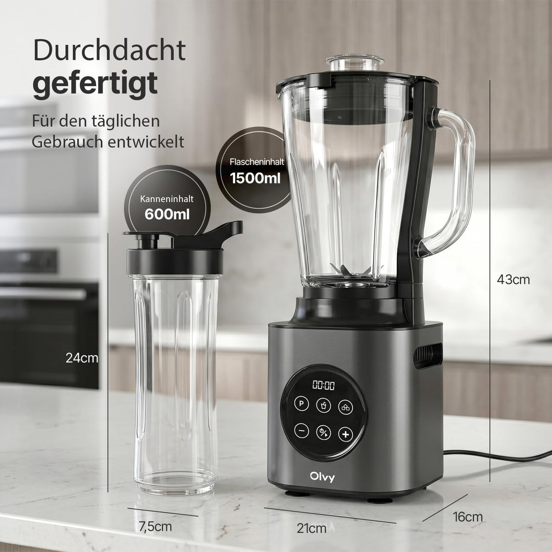 Olvy Standmixer Smoothie Maker 1500ml Glas To-Go 1000W 9 Stufen Display-Silver, Silver