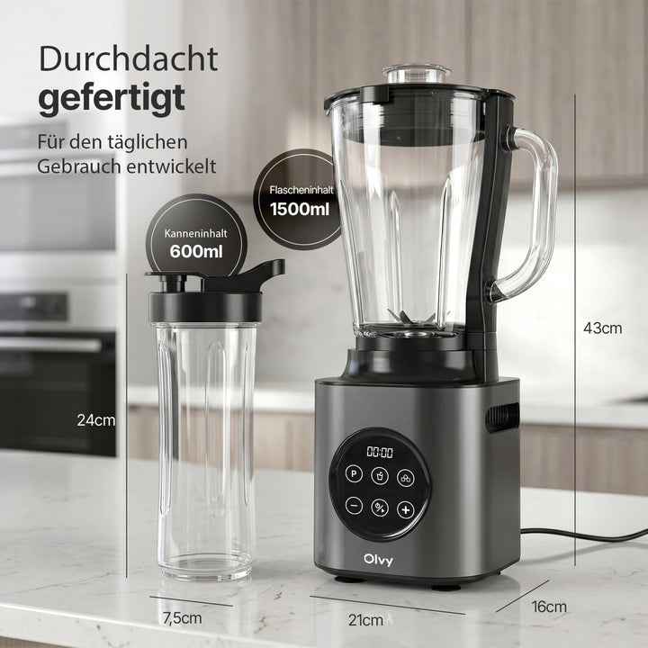 Olvy Standmixer Smoothie Maker 1500ml Glas To-Go 1000W 9 Stufen Display-Silver, Silver