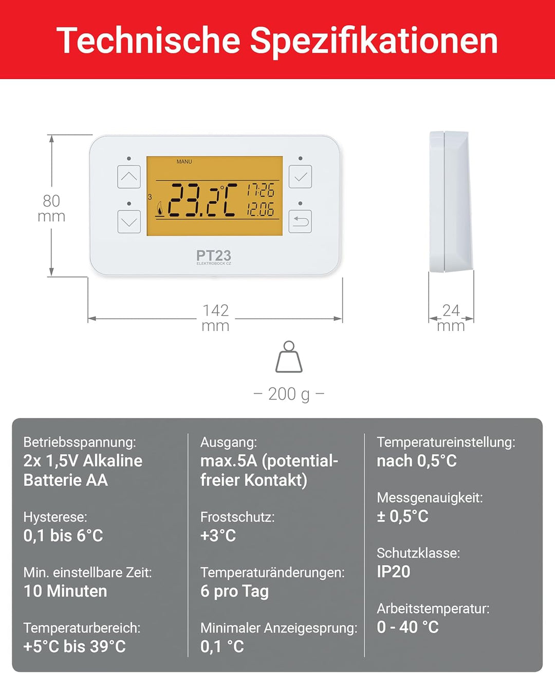ELEKTROBOCK PT23 - Programmierbares Wandthermostat mit Touch-Tasten - 𝑳𝓐𝑵𝐆𝑳𝜠𝓑𝑰𝐆 - Grosses beleuchtet