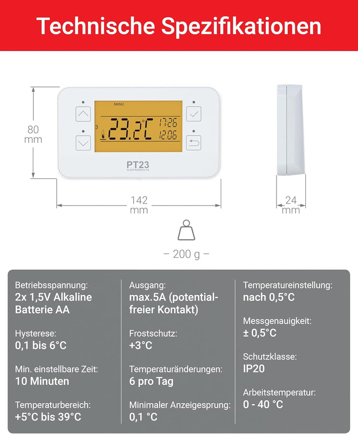 ELEKTROBOCK PT23 - Programmierbares Wandthermostat mit Touch-Tasten - 𝑳𝓐𝑵𝐆𝑳𝜠𝓑𝑰𝐆 - Grosses beleuchtet
