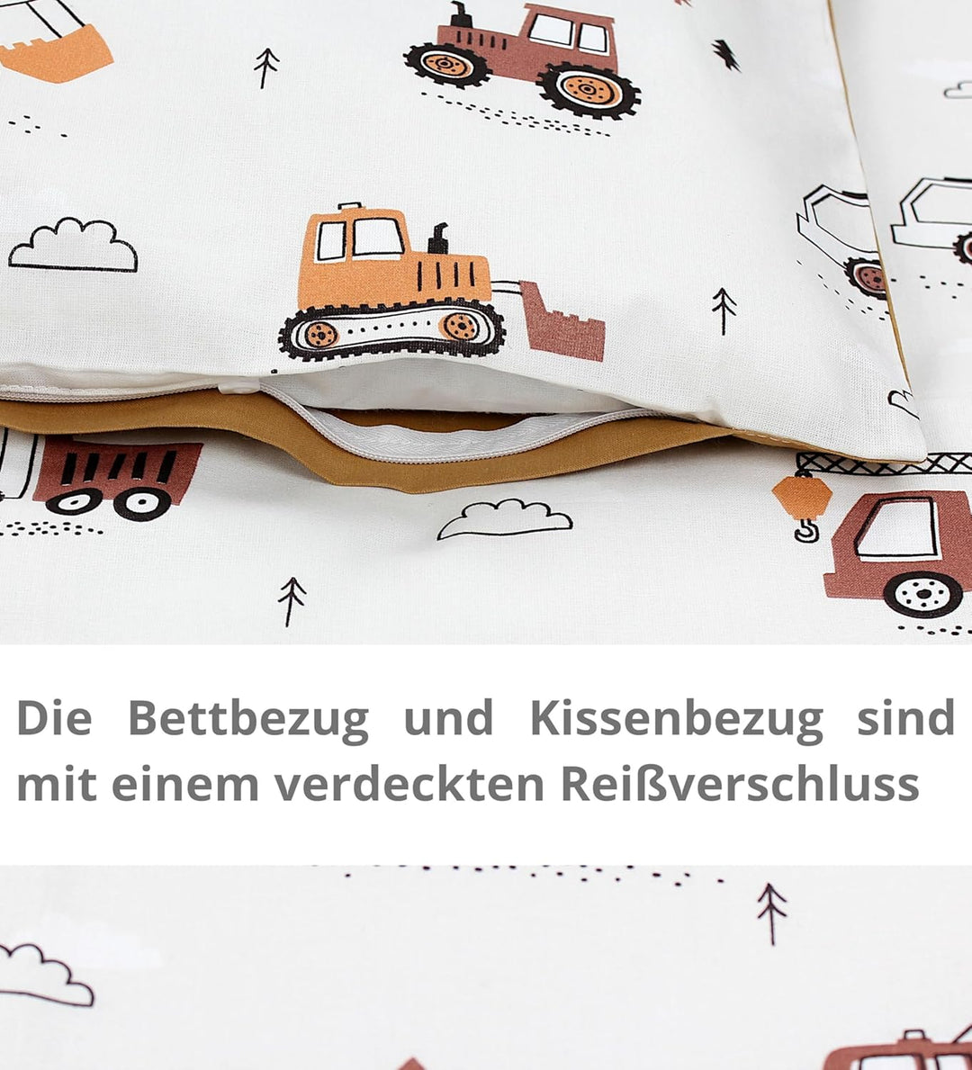 TupTam Kinder Bettwäsche Gemustert 2-Teilig Wendebettwäsche, Farbe: Baufahrzeuge/Bagger/Beige/Kakaob