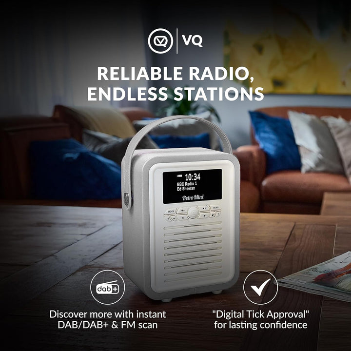 VQ Retro Mini DAB/DAB+ Digital- und FM-Radio mit Bluetooth und Weckfunktion - Hellgrau