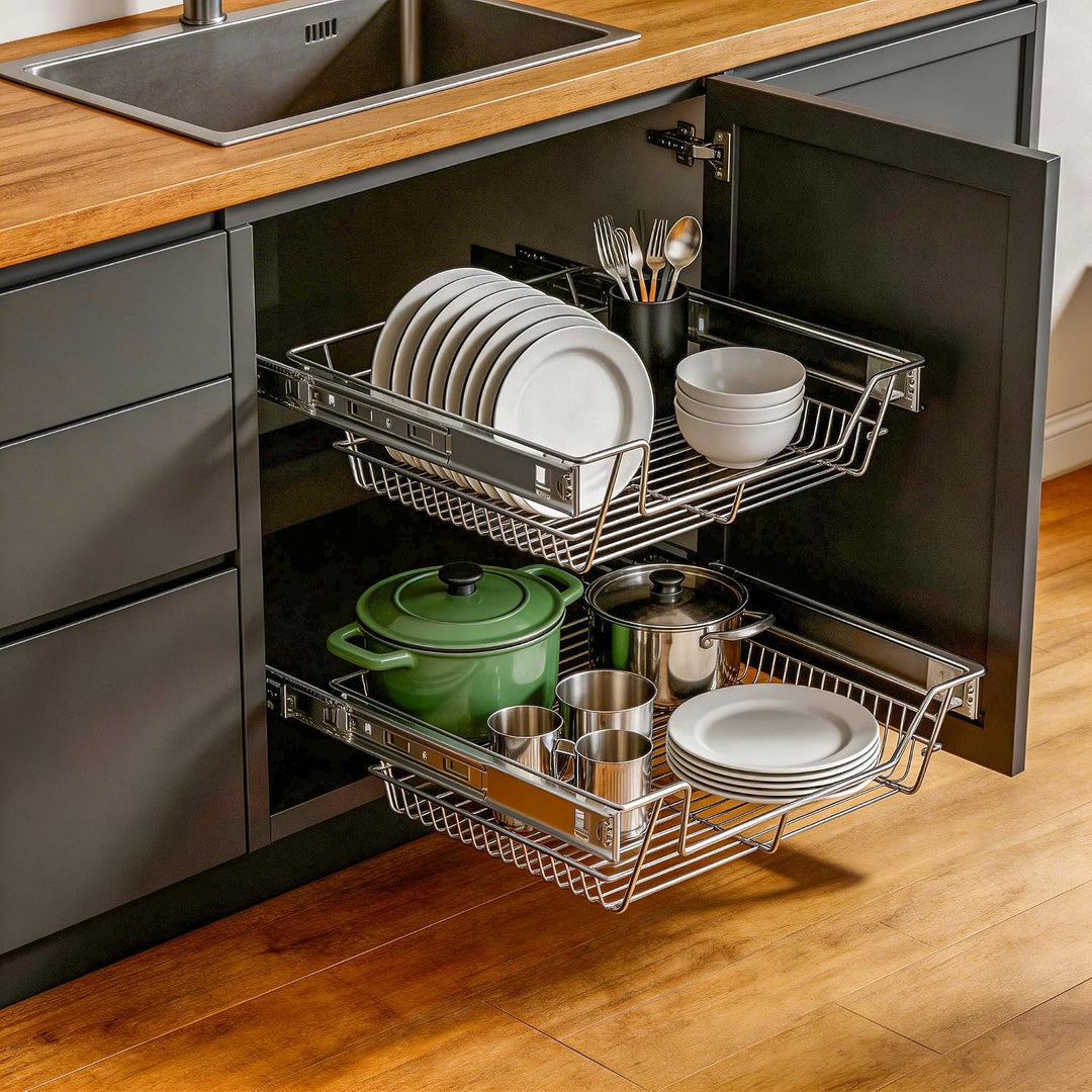NAIZY 2x Teleskopschublade 60cm Breite Küchenschublade anwendbar Küchen Regal Silber aus Massiver Ed