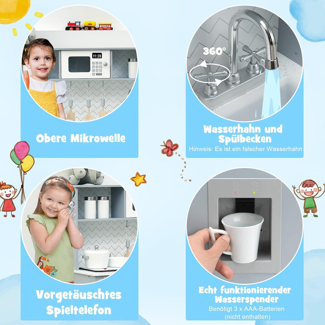 COSTWAY Kinderküche mit Spielzubehör, Licht und Sound, Kinder Spielküche Holz mit Mikrowelle & Wasse