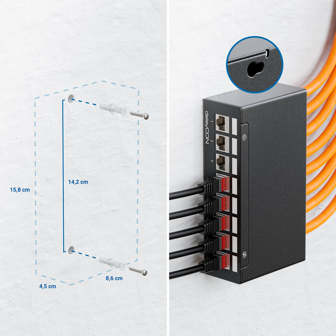 deleyCON 8 Port Patchpanel Set Patchfeld Verteilerfeld 1 HE + 8x RJ45 Keystone Jack Modul STP CAT6a