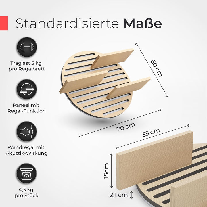 Akustikpaneele Holz Wandregal – Echtholz Eiche & Akustikfilz Grau | rund 70x60cm – Regal & Schalldäm
