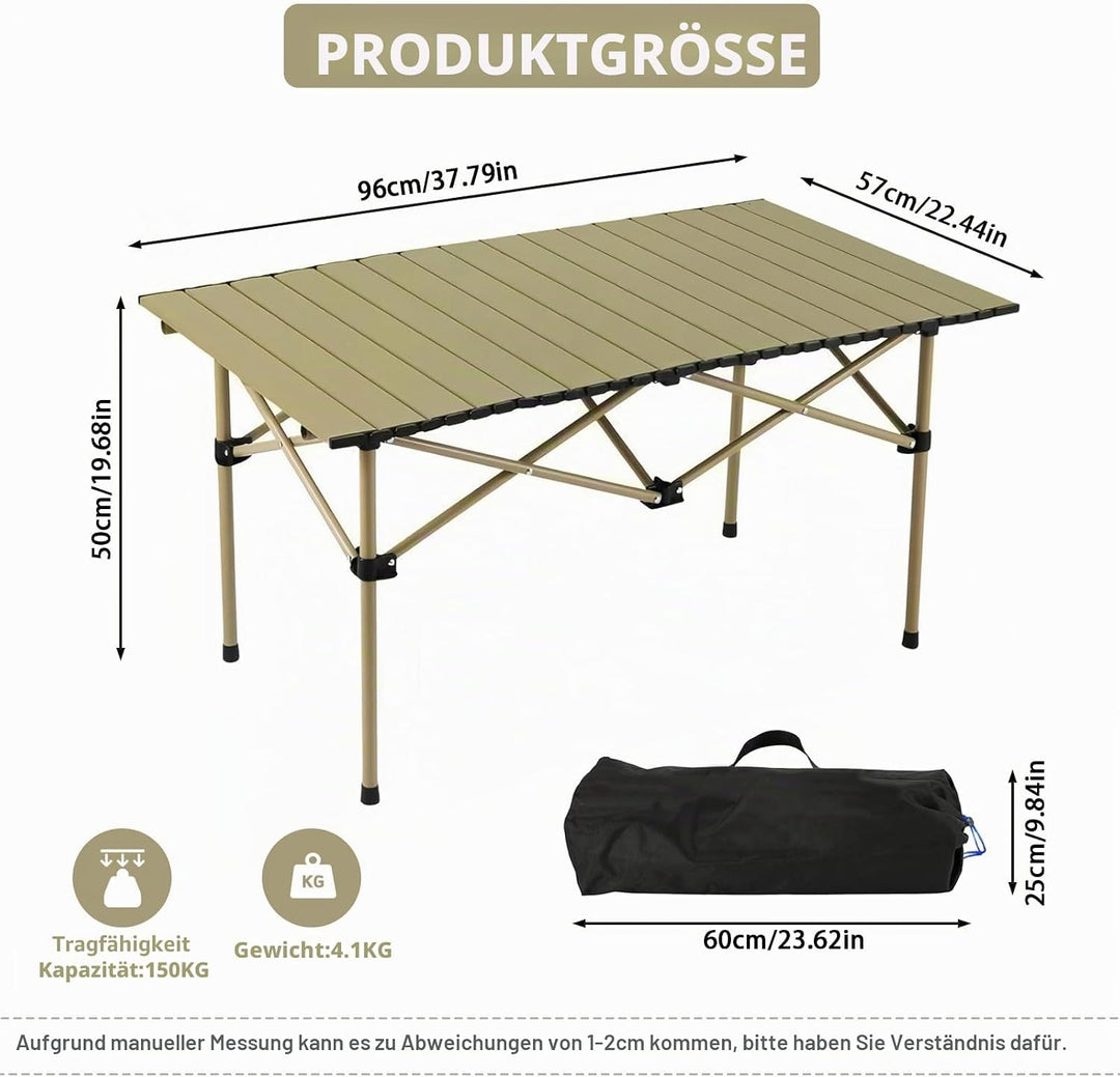 Campingtisch Faltbar 95x56x50cm - Aufrollbare Tischplatte mit Tragetasche - Kohlenstoffstahl Gestell