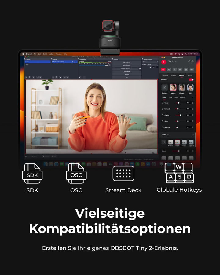 OBSBOT Tiny 2 - PTZ 4K Webcam mit KI-Tracking, Sprachsteuerung, Gestensteuerung, Autofokus, USB3.0,