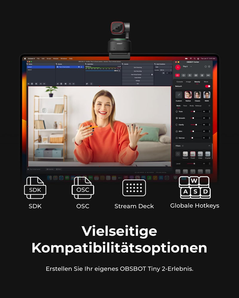 OBSBOT Tiny 2 - PTZ 4K Webcam mit KI-Tracking, Sprachsteuerung, Gestensteuerung, Autofokus, USB3.0,