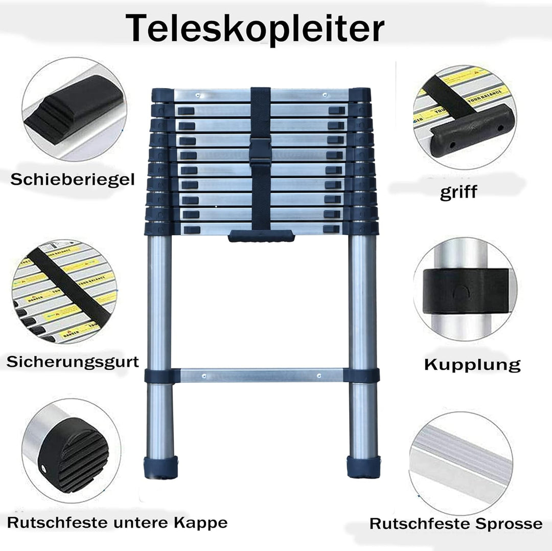 2,6M Teleskopleiter, Mehrzweckleiter ‎Edelstahl, 150 kg/330 Pfund Belastbarkeit, Ausziehbar Aluleite