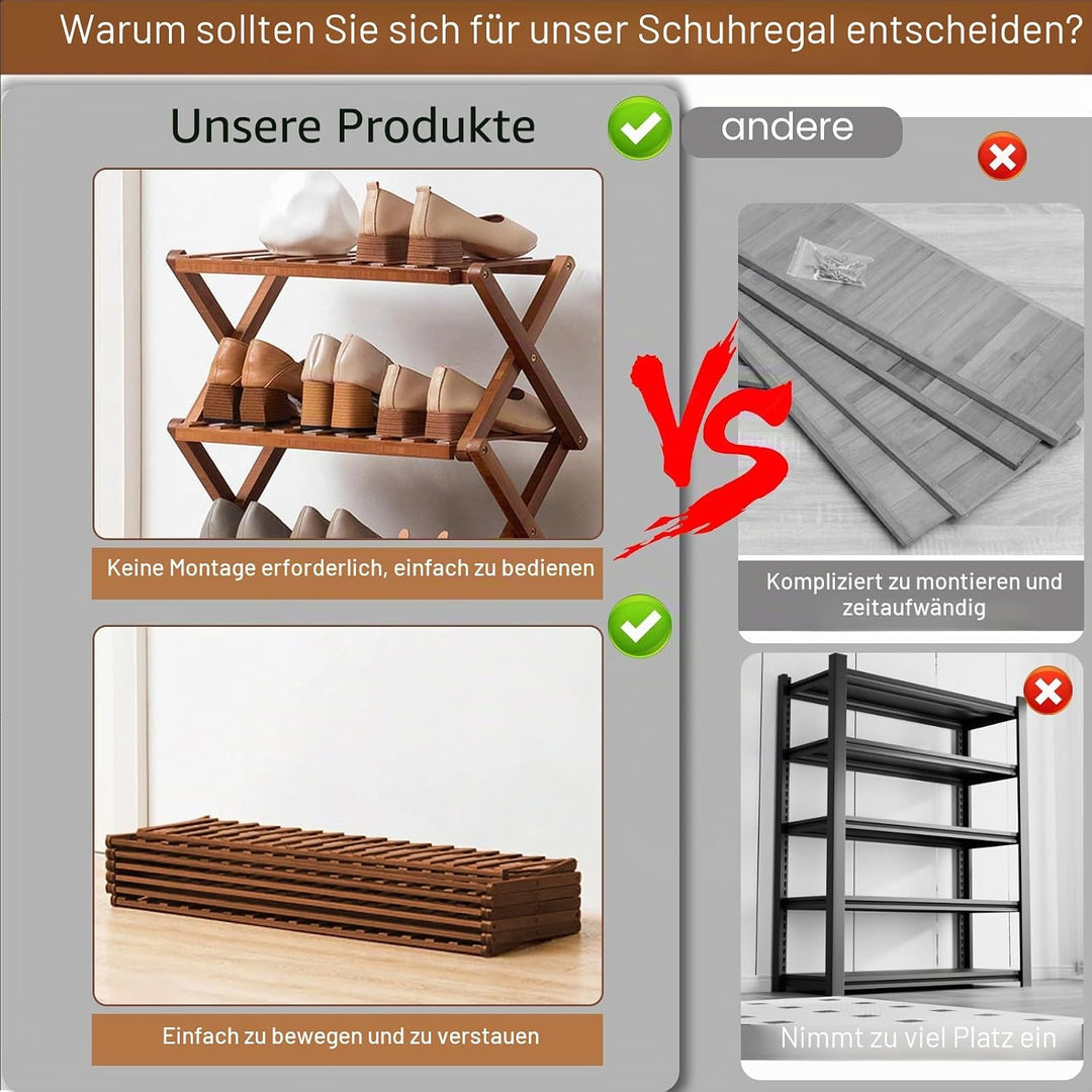 Zusammenklappbares Schuhregal aus Bambus, tragbares Schuhregal aus Holz, ohne Installation, kleines