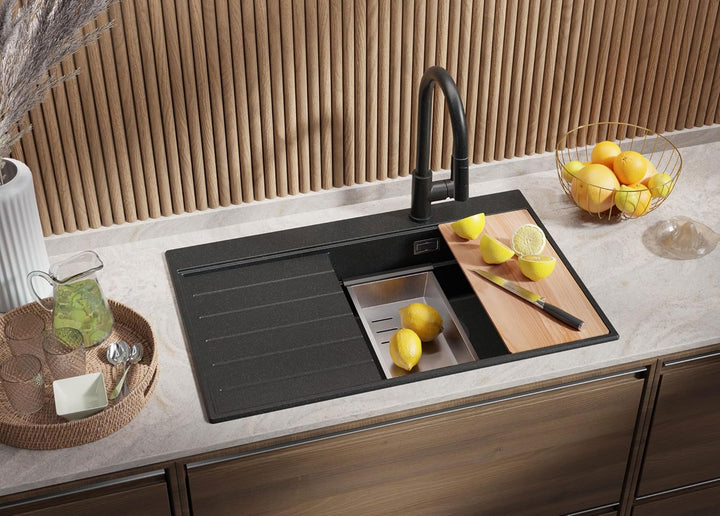 PRIMAGRAN Spülbecken Anthrazit 78x50cm, Granitspüle 1 Becken + Ablauf-Set, Küchenspüle ab 60er Unter