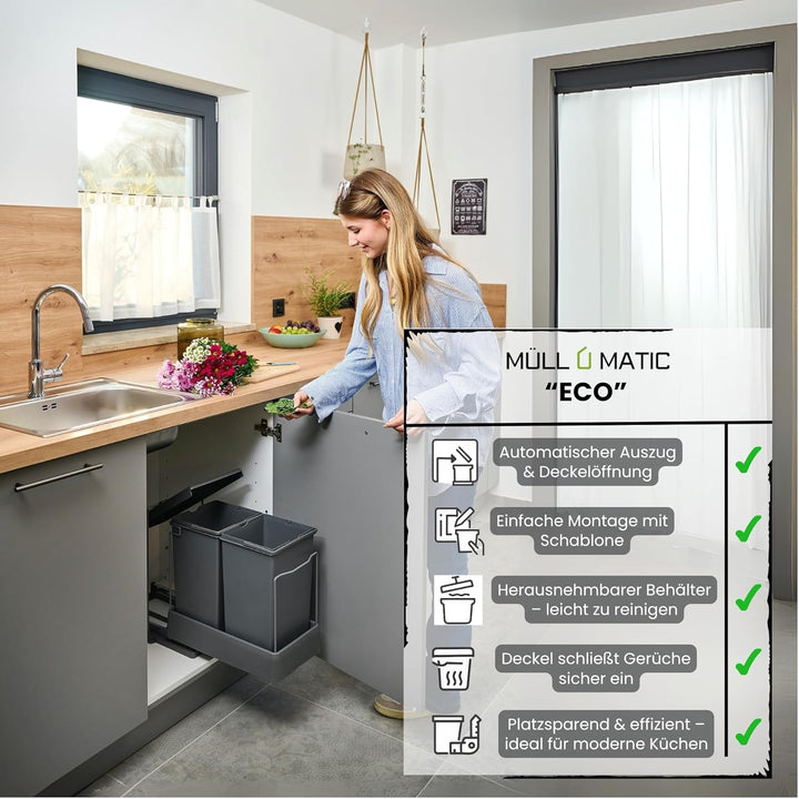 Ausziehbarer SMART Einbaumülleimer, Abfalleimer, Mülleimer „Müllomatic ECO 2“ mit automatischem Ausz