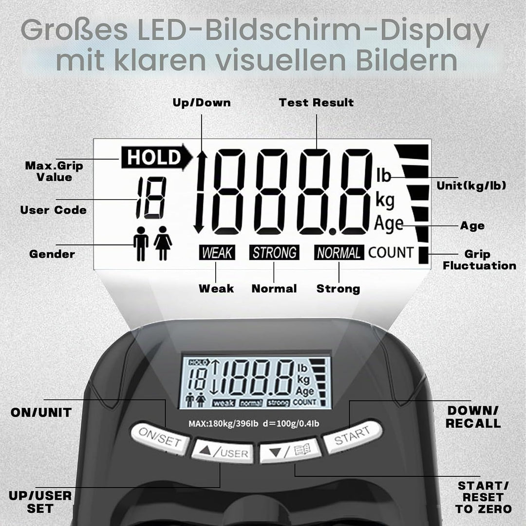 Digitaler Handkraftmessgerät, 180KG Grip Strength Tester, Hand Dynamometer, Elektronischer Griffkraf