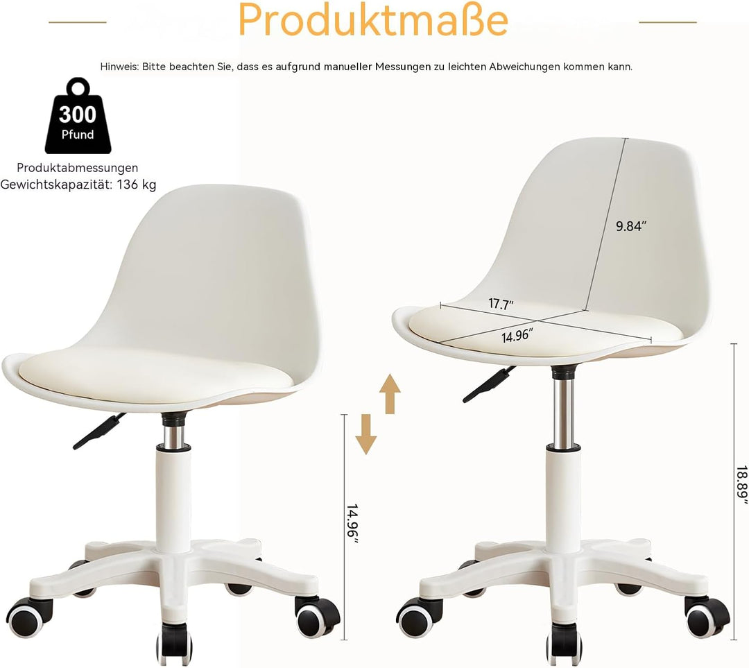 Kleiner Schreibtischstuhl ohne Armlehnen, höhenverstellbarer Home-Office-Stuhl für Jugendliche White