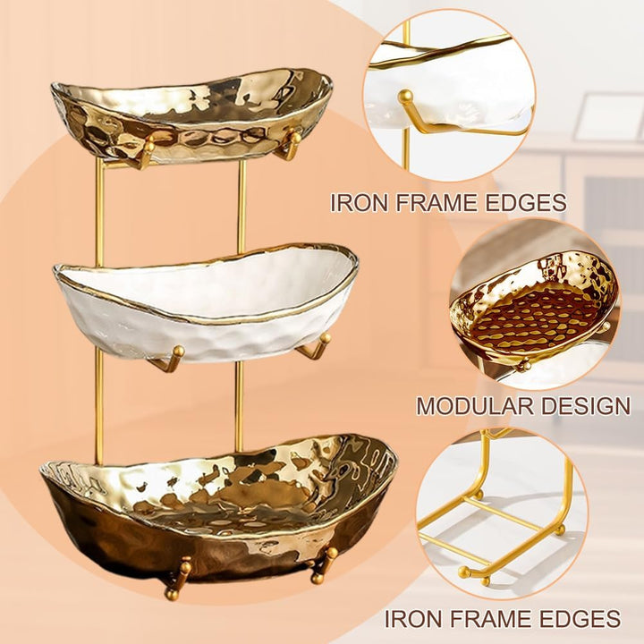 3-Schicht Obstschale Keramik mit Metallgestell, Obstschale Etagere, Elegante Etagere zum Servieren v