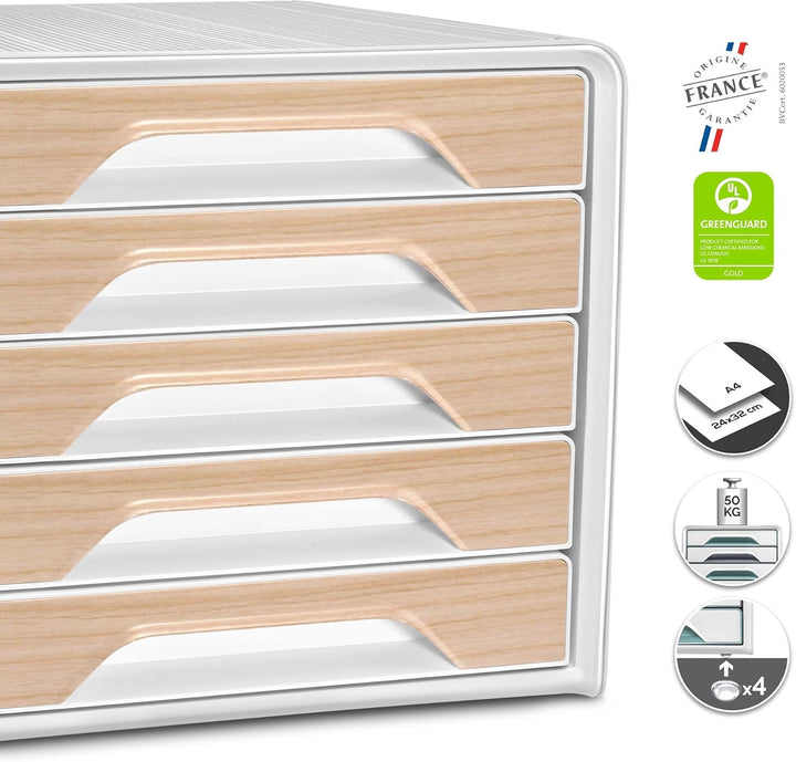 CEP Schubladenbox mit 5 flachen Schubladen Silva Weiβ Holz Weiss / Buche, Weiss / Buche