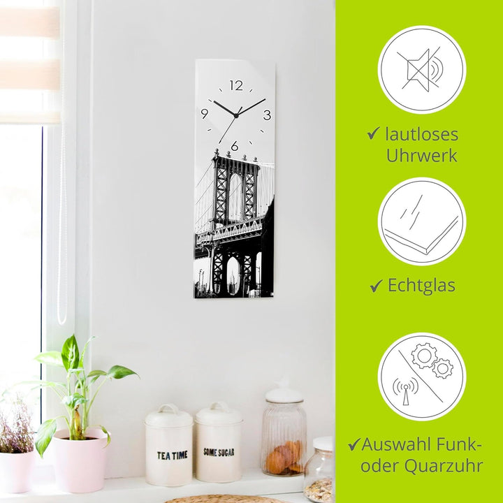 ARTLAND Wanduhr ohne Tickgeräusche Glas Funkuhr 20x60 cm Rechteckig Lautlos Brooklyn Bridge New York