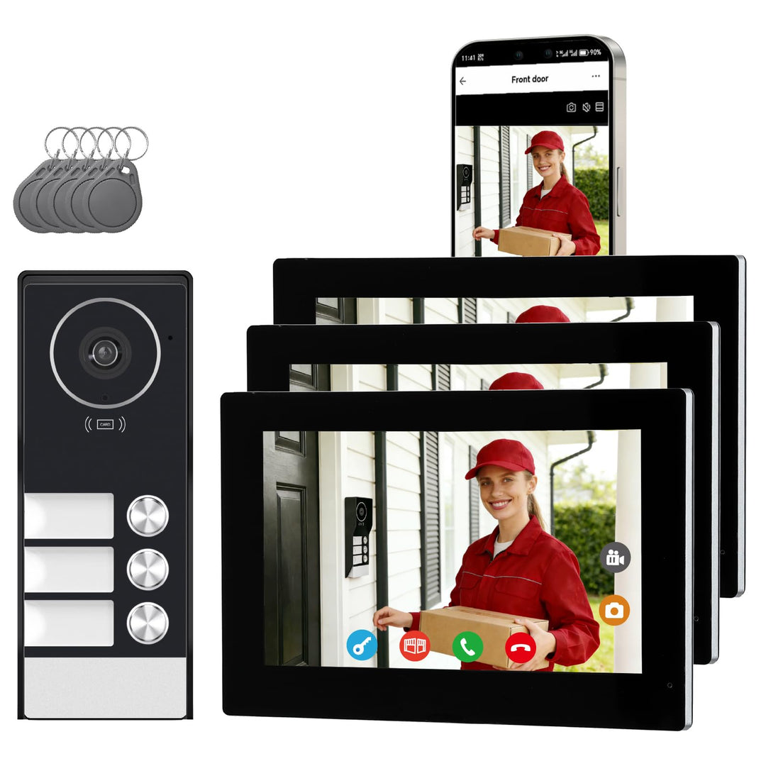 Video Türsprechanlage für 3 Familienhaus, 2-Draht,3X 7 Zoll Monitor &amp; App - Smarte Video Türklingel