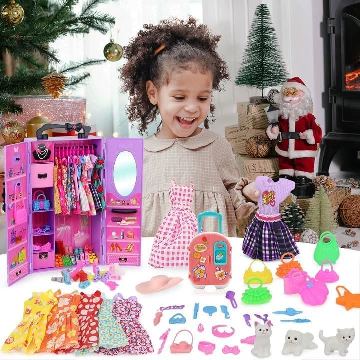 83 Teile Puppenkleidung Puppenzubehör Kleiderschrank für 11,5 Zoll Puppe Dress Up Set mit Koffer, Kl