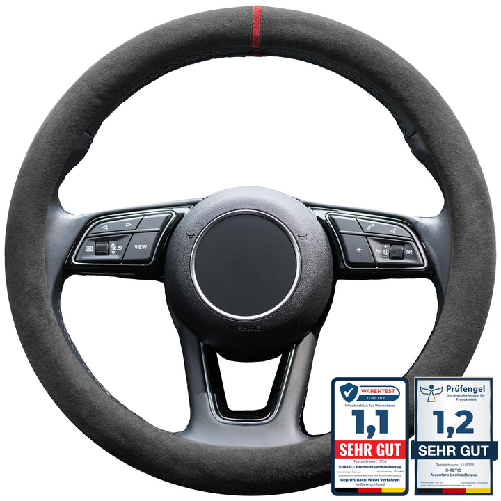 S-TETIC® Premium Lenkradbezug Alcantara® | Echtes Alcantara | ROTE 12-Uhr Markierung | Universal Grö